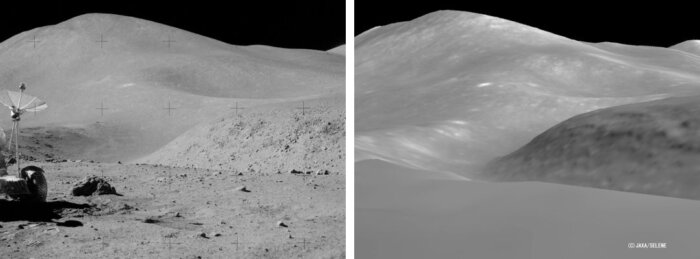 Fotografía original de la misión Apollo 15 (izquierda), la AS15-82-11122. Reconstrucción 3D de la misma zona, hecha por la Agencia de Exploración Aeroespacial Japonesa (derecha). Notar la correspondencia de los rasgos topográficos en ambas imágenes.